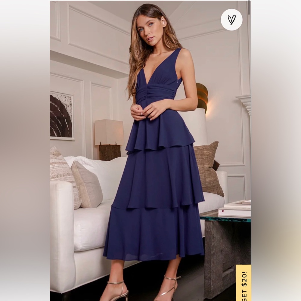 Lulus Navy Blue V-neck Tiered MIDI dress